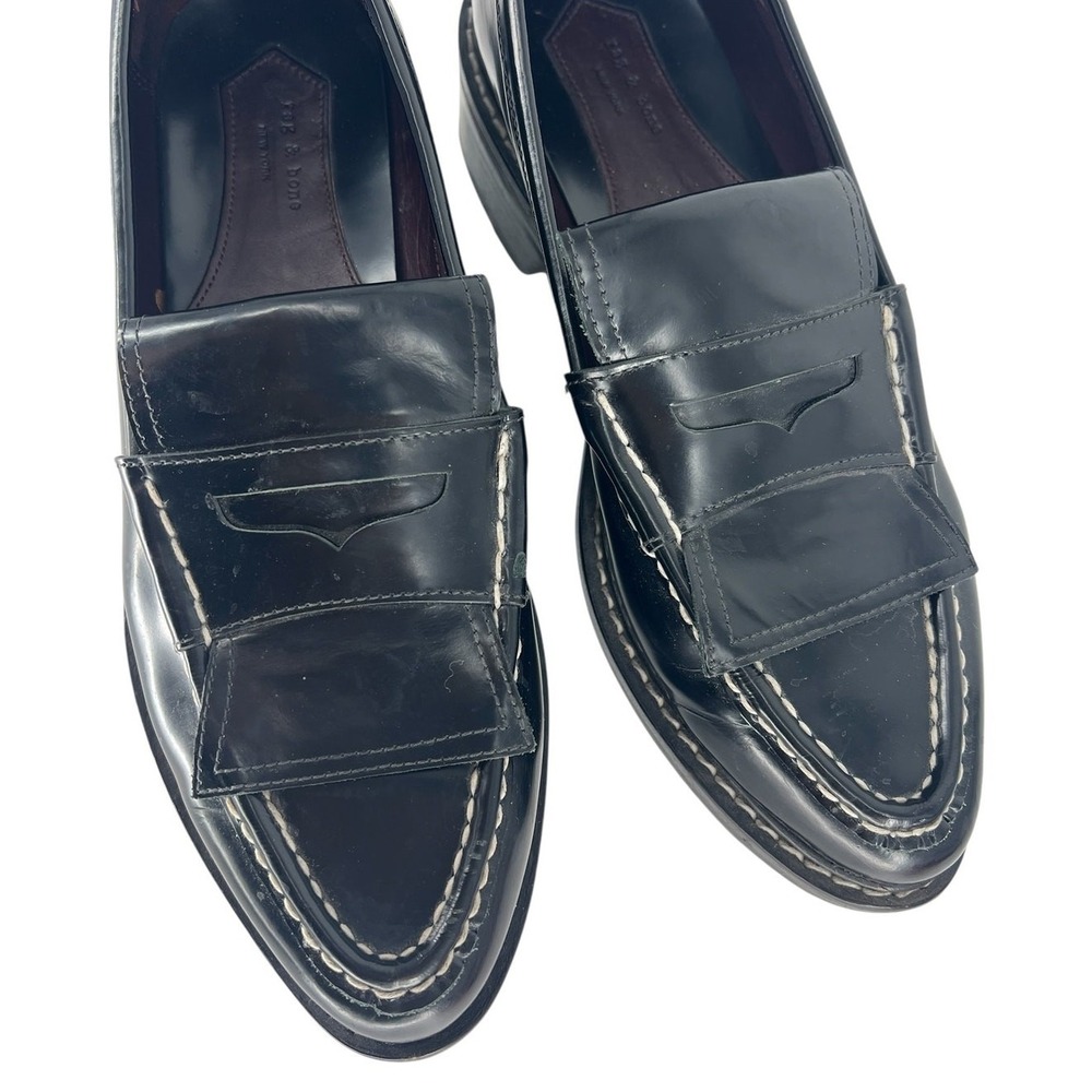 Rag & Bone Black Leather Penny Loafers with Contrast Stitching Size 40 - Picture 6 of 15